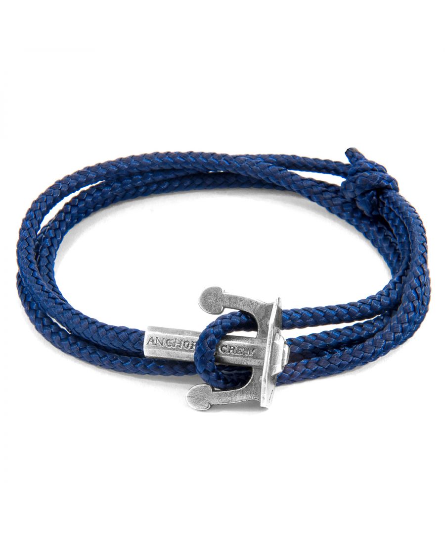 The Navy Blue Union Anchor Silver and Rope Bracelet was both designed and skilfully handcrafted completely in Great Britain, In Quality We Trust. For the Modern Journeyman (and woman), ANCHOR & CREW takes ownership of an exploratory lifestyle and enjoys the Happy-Good Life. Combining British craft manufacturing with a discerning modern-minimalist style, this ANCHOR & CREW bracelet features:\n\n3mm diameter performance Marine Grade polyester and nylon rope (GB) \nSecure solid .925 sterling silver anchor (GB)  \n\nSIZING\nThis bracelet is one size fits all, with the rope able to extend or tighten to suit your wrist size. To take the bracelet on or off your wrist, simply slide the one adjustable knot around the rope to make the loop size smaller or larger, and once set, keep the loop size consistent and continue wearing by easily unhooking the clasp from the loop. Less is More.