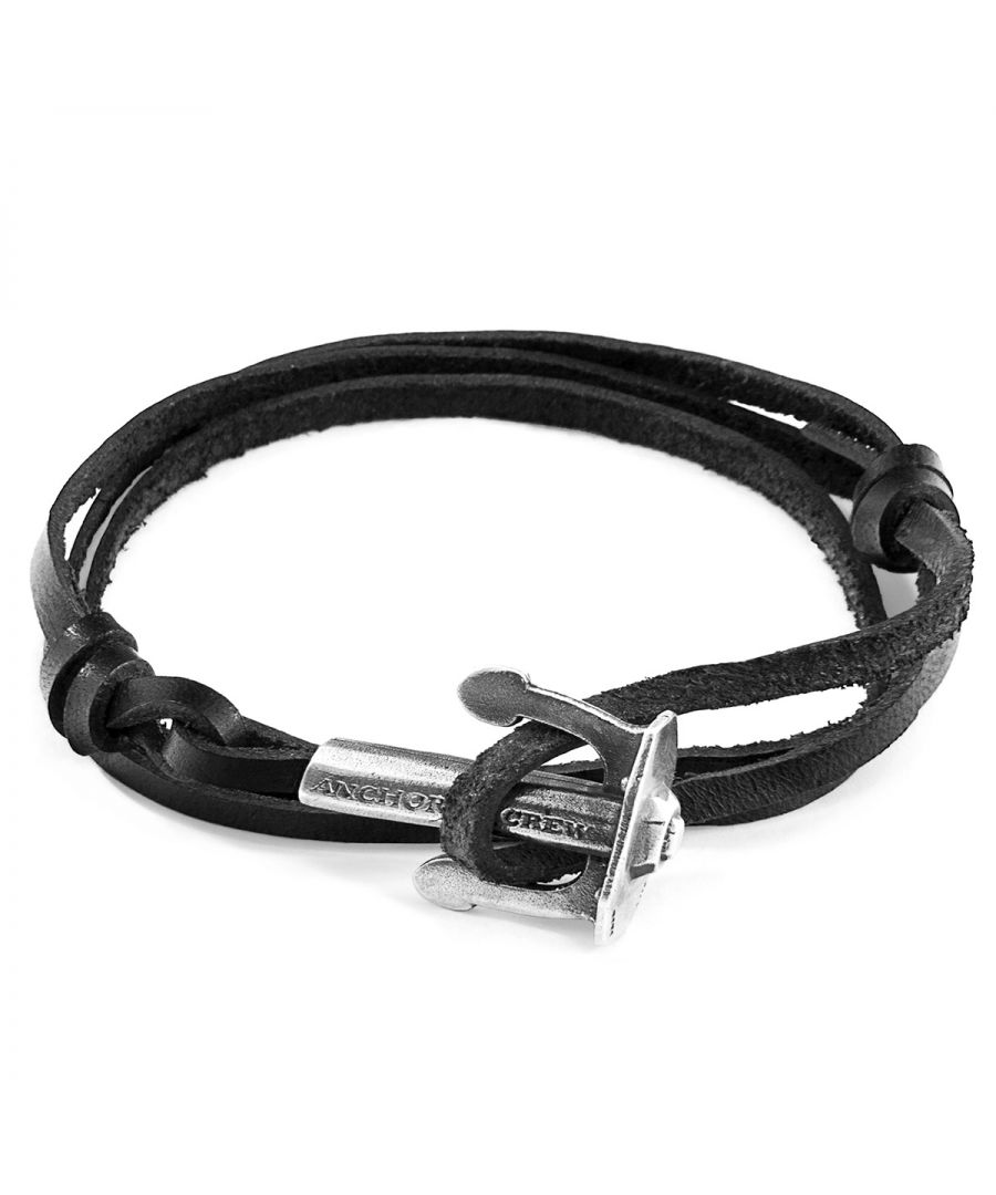 Image for ANCHOR & CREW Coal Black Union Anchor Silver and Flat Leather Bracelet