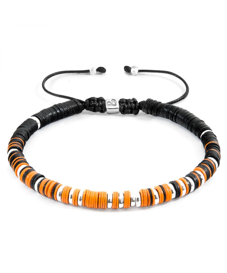 The Orange Kariba Silver and Vinyl Disc Macrame Bracelet was both designed and skilfully handcrafted completely in Great Britain, In Quality We Trust. For the Modern Journeyman (and woman), ANCHOR & CREW takes ownership of an exploratory lifestyle and enjoys the Happy-Good Life. Combining British craft manufacturing with a discerning modern-minimalist style, this ANCHOR & CREW bracelet features:\n\n7mm diameter round multicoloured vulcanite vinyl discs and solid .925 sterling silver disc beads with strong cotton thread (GB)\nAdjustable knotted macrame drawstring clasp with a solid .925 sterling silver logo cube and end beads (GB)\n\nSIZING\nThis bracelet is one size fits all, with the drawstring able to extend or tighten to suit your wrist size. To take the bracelet on or off your wrist, simply slide the bracelet over your hand after widening the two sides of the bracelet apart and tighten as necessary using the two dangling threads. Less is More.