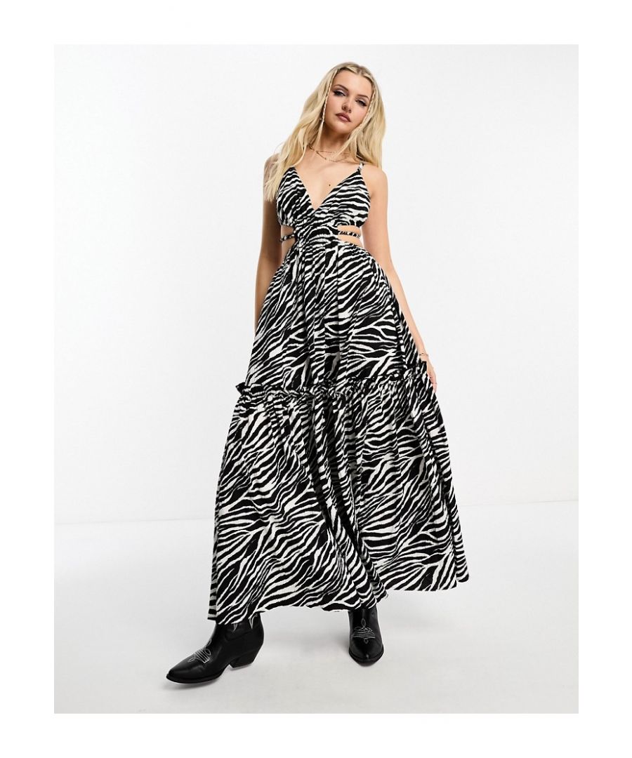 Miss Selfridge Womens textured festival cut out strappy maxi dress in mono zebra-Multi - Black - Size 8 UK