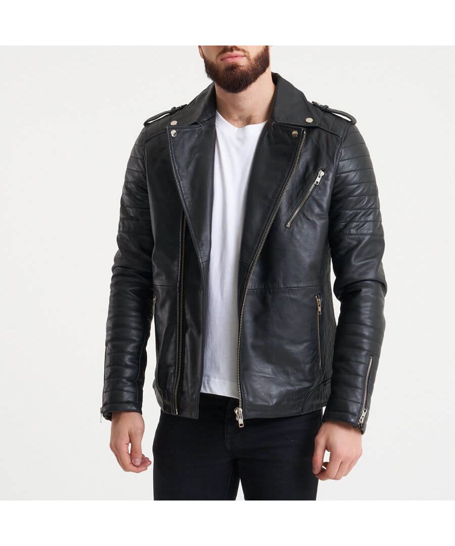 Take a closer look at the BARNEYS ORIGINALS ribbed sleeve leather jacket. Make from 100% real leather, this buttery soft biker jacket is a must-have. It features a unique blue polyester lining for a subtle splash of colour.