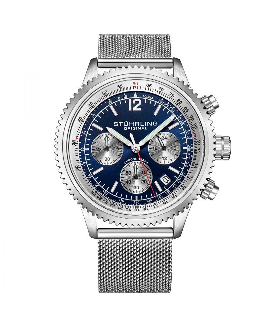 Men's Alloy Chrono Case on stainless steel mesh band with White Contrast Stitching, Blue Dial, Silver Tone Bezel, with Silver Tone Accents
