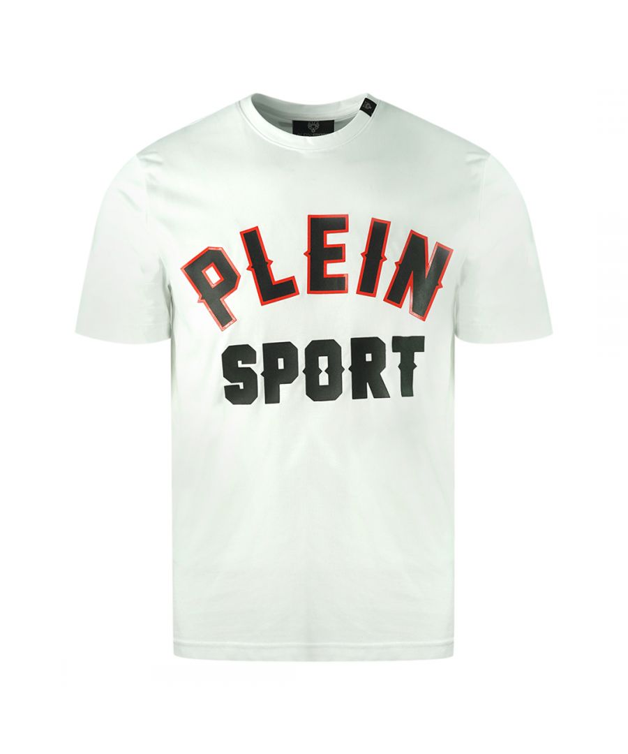 Plein Sport bloklogo wit T-shirt. Philipp Plein sport wit T-shirt. 100% katoen. Plein-logo. Badges met Plein-merk. Stijlcode: TIPS106 01