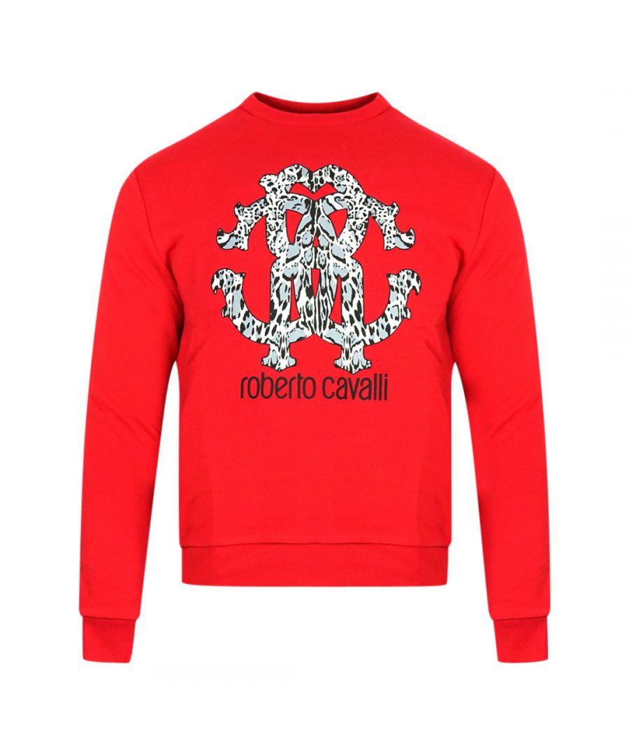 Roberto Cavalli Lynx Mogogram Print Logo Red Sweatshirt. Roberto Cavalli Red Crew Neck Jumper. Roberto Cavalli Branding. 100% Cotton. Ribbed Sleeve and Waist Endings. Style: IST68K CF050 02183