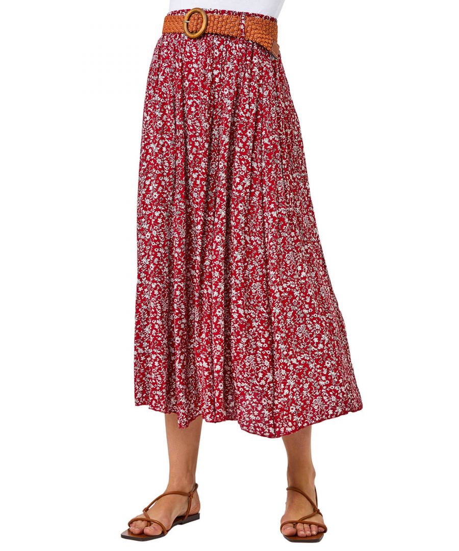 Roman Womens Ditsy Floral Belted Midi Skirt - Red - Size 12 UK - Secret Sales