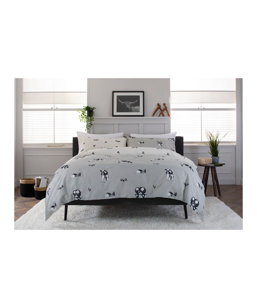 Deyongs Cows, Sheep and Chickens Duvet Set Double Size Grey  - 200x200cm - 55% Cotton 45% Polyester