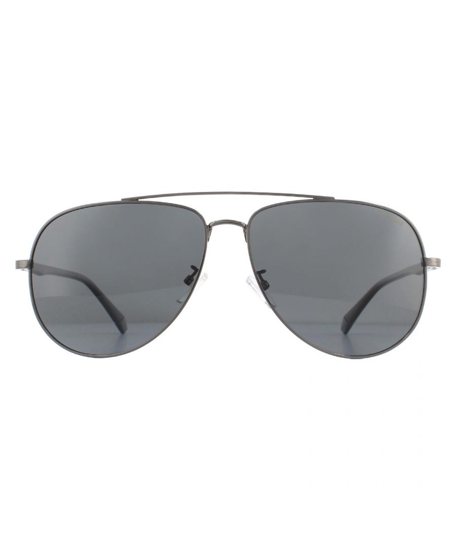 Polaroid Sunglasses PLD 2105/G/S V81 M9 Dark Ruthenium Black Grey Polarized are a large aviator style with classic teardrop shaped lenses, and a metal frame front. Plastic temples ensure comfort and feature the Polaroid logo.