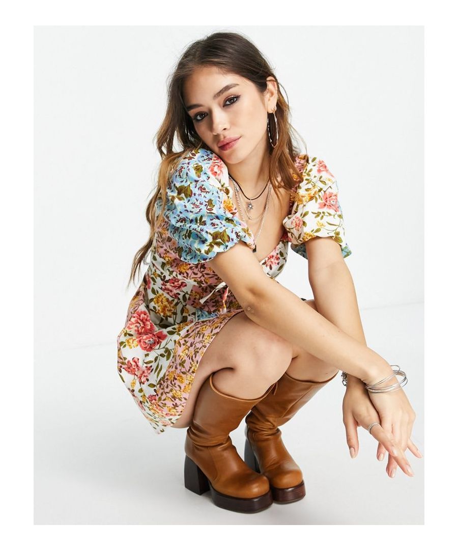 Mini dress by ASOS DESIGN Love at first scroll Floral design Square neck Puff sleeves Regular fit Sold by Asos