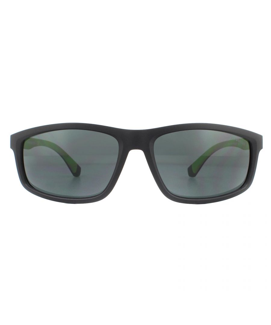 Emporio Armani Sunglasses EA4144 504287 Matte Black Rubber Green Gray are a stylish rectangle shaped frame made from lightweight acetate. The iconic eagle logo is embedded into the temples for brand authenticity