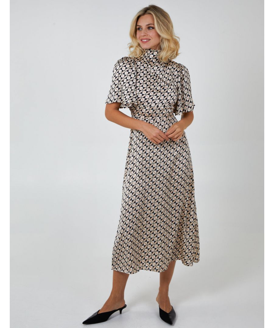 Want a dress that is suitable for the workplace and then later on when having casual drinks? Look no further than the Cowl Neck Midi Dress with Angel Sleeve. With an elasticated waist, a geo print and and a playful cowl neck, this dress has all the elements you need! Match with heeled shoes. \n100% polyester 