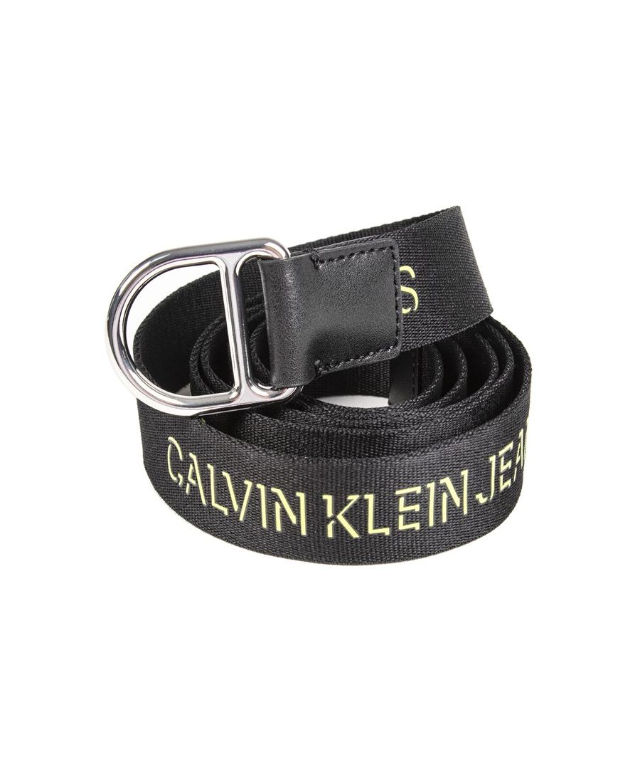 Womens black Calvin Klein Jeans slider d-ring belt, manufactured with leather. Featuring: chrome hardware, woven branding, belt width 3cm, small = 80cm/32