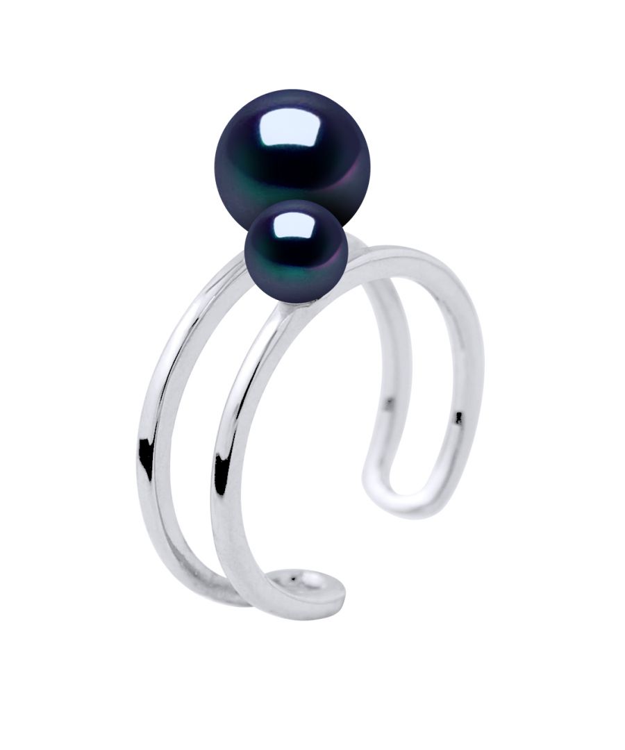 Ring Duo of 2 true Cultured Freshwater Pearls 5-6 and 8-9 mm , 0,31 in ; 0,20 in and 0,35 in - Black Color Tahitian Style 925 Sterling Silver Rhodium-plated Size avalaible from 48 to 62 , J to U - Our jewellery is made in France and will be delivered in a gift box accompanied by a Certificate of Authenticity and International Warranty