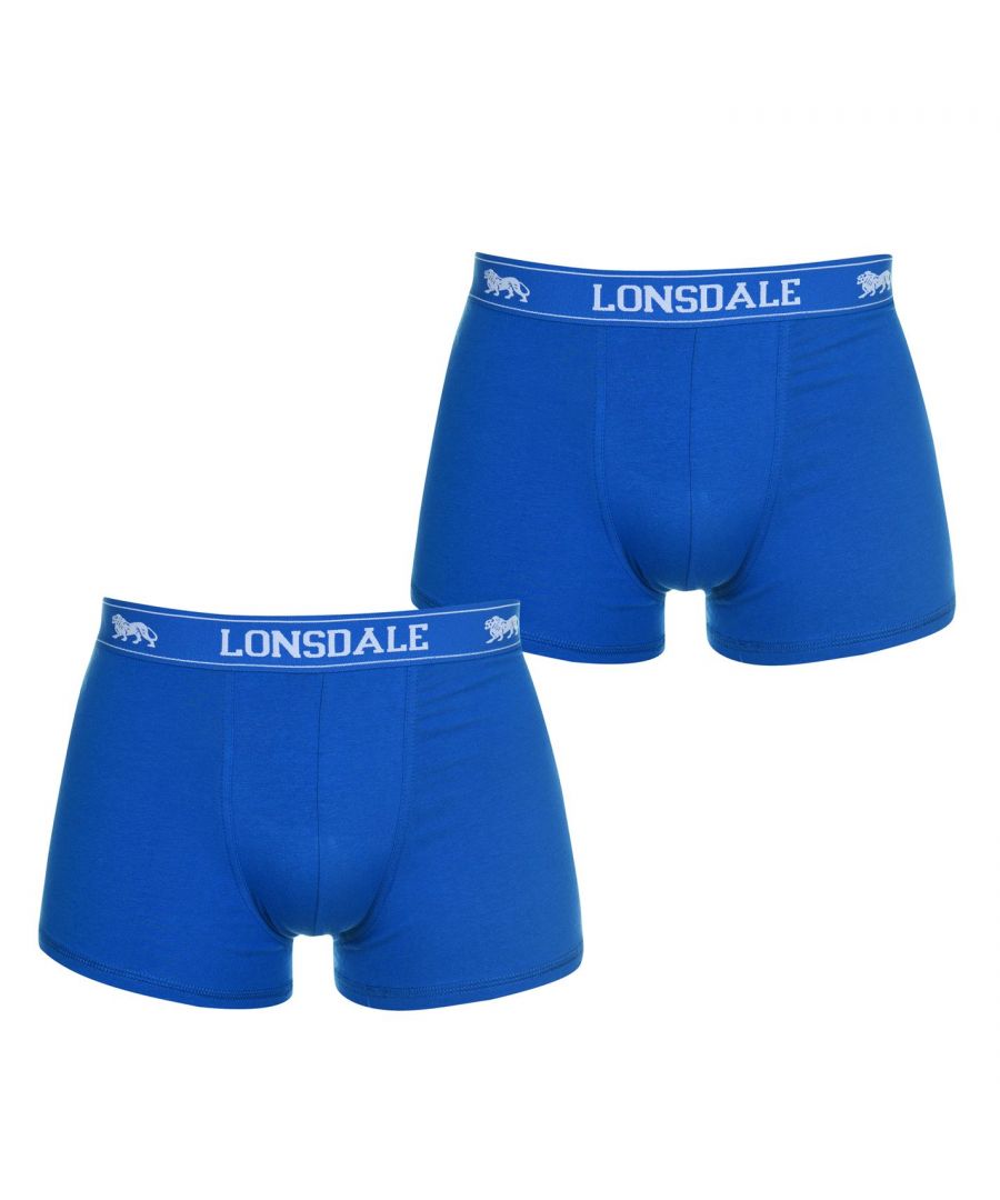 Lonsdale 2 Pack Trunks Mens - Refresh your underwear collection with these Lonsdale 2 Pack Trunks. Constructed from a soft cotton-stretch blend along with an elasticated waistband for a comfortable and secure fit, the look is finished with Lonsdale branding.  > This product may have slight cosmetic differences from the image shown due to assorted colours or updated seasonal collections > Trunks > 2 Pack > Elasticated waistband > Soft construction > Lonsdale Branding > 95% Cotton / 5% Lycra elastane > Machine Washable > Keep Away From Fire