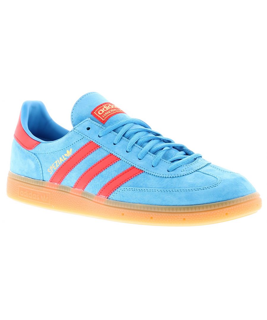 Adidas Originals Handball Spezial Mens Leather Trainers Blue. Leather Upper. Fabric Lining. Synthetic Sole. Mens Gentlemans Fashion Branded Adidas Sports Flat.