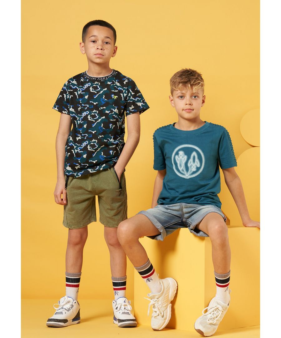 Stand to attention in this fabulous blue camo graphic tee. Made from super soft cotton jersey you don't have to compromise on comfort to look this cool. Angel & Rocket cares - made with Fairtrade cotton  Colour: Blue  100% cotton  Look after me: Think planet  wash at 30c