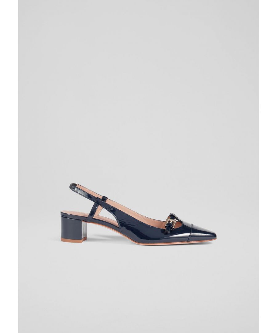 With a fun, Sixties' feel, our Gracie slingbacks are a contemporary take on a classic style. Crafted in Spain from glossy navy blue patent leather, they have an almond-shaped toe with chic, Mary Jane-style buckle detail, a slingback strap and a 40mm block heel. Wear them with your favourite dresses or with summer tailoring.
