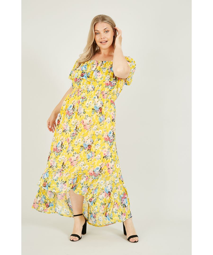 Show off your shoulders this sunny Mela Yellow Floral Bardot Dress. Ideal for soaking up the sun, this bardot dress features a large bold floral print and looks perfect paired with strappy sandals.