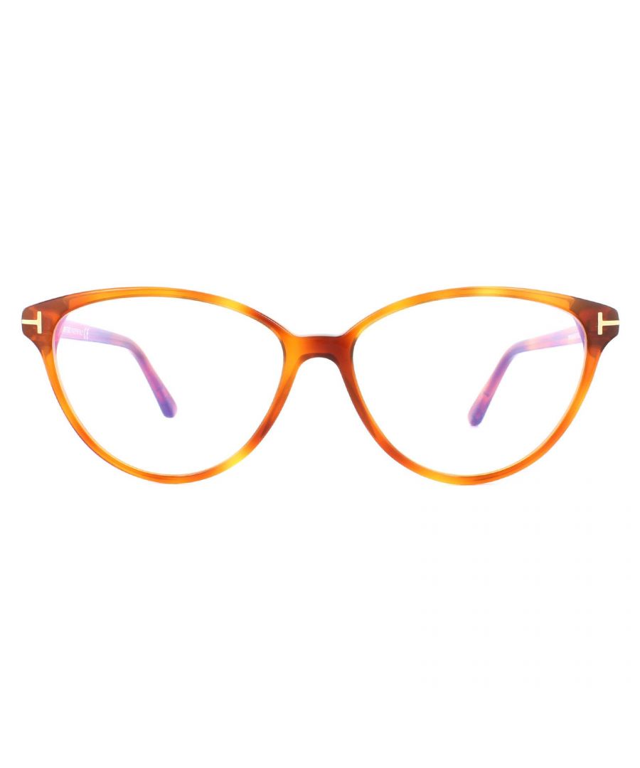 Tom Ford Glasses Frames FT5545-B 053 Blonde Havana Women  are a soft cat eye design crafted from lightweight acetate and feature the signature Tom Ford T logos on the temples. The 5545B are ready to wear with blue light block lenses to prevent and relieve eye strain caused by long exposure to digital devices.