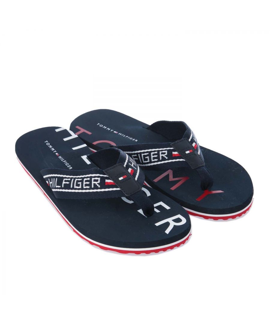 Mens Tommy Hilfiger Bondi Sandal in navy.- 100% Polyester.- Slip on fastening.- Y-shaped straps.  - Tommy Hilfiger branding on footbed.- Tommy Hilfiger branding.- Lightweight & Durable.- Rubber sole.- Upper: 100% Polyester. Linning: 100% Polyester.- Ref.: XM0XM01126CJM