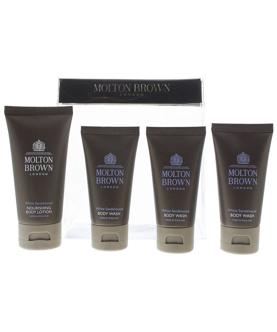Molton Brown White Sandalwood 4 Piece Gift Set: Body Lotion 50ml - 3 x Body Wash 30ml. Treat yourself with a moisturizing and nourishing body lotion. A smoothing body wash that cleans your skin leaving you feeling fresh.