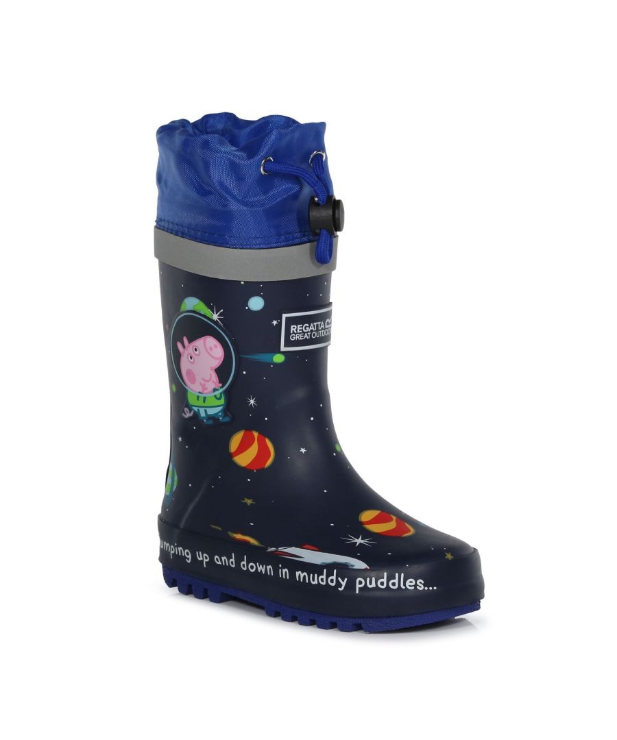 Material: Polyester. Insole: EVA. Outsole: Cleated, Natural Rubber, Vulcanised Rubber. Sole Features: Durable. Fastening: Adjustable Cord Lock, Slip-In. Comfort Footbed, Gaiter Collar, Underfoot Stability. Fabric Technology: Waterproof. Flat. Cut: Calf-Length. Design: Logo, Planets, Rocket, Space, Stars. Toe Style: Round. 100% Officially Licensed. Characters: Peppa Pig.
