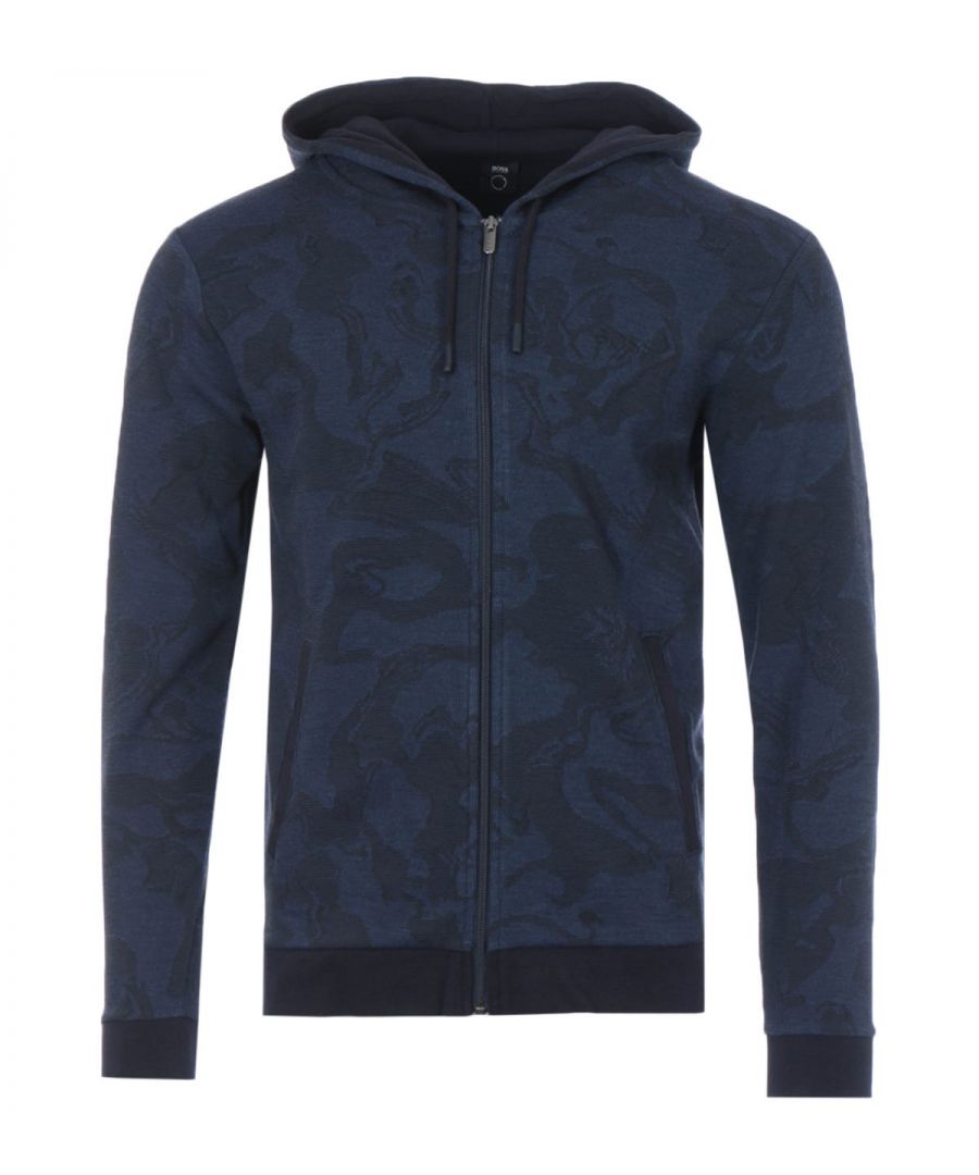 The Abstract Mesh Knit Zip Hooded Sweatshirt from BOSS is a twisted take on classic loungewear. The silhouette doesn\'t sway from that ultimate symbol of comfort, whilst the strides are made in pattern and texture alone. With an abstract all over print and mesh knit textured fabric, comprised of stretch recycled polyester and viscose elevates the height of casual. Featuring an adjustable drawcord hood, full zip closure, functional front welt pockets and ribbed trims. Finished with the iconic BOSS logo embroidered at the chest for a signature touch. Regular Fit, Stretch Recycled Polyester & Viscose, Mesh Knit Texture, Adjustable Drawstring Hood, Full Zip Closure, Functional Front Welt Pockets, Ribbed Trims, Abstract Pattern, BOSS Branding. Style & Fit:Regular Fit, Fits True to Size. Composition & Care:80% Recycled Polyester, 18% Viscose, 2% Elastane, Machine Wash.