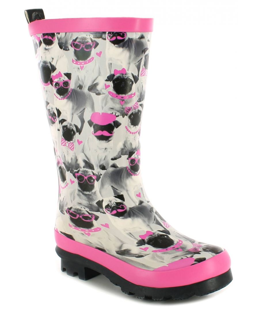 New Girls/Childrens Grey/Pink Cute Pug Print Wellington Boots. Manmade Upper. Fabric Lining. Synthetic Sole. Wellies Wellys Boots Waterproof Wellingtons Rain Boots Rubber Boots Welly.