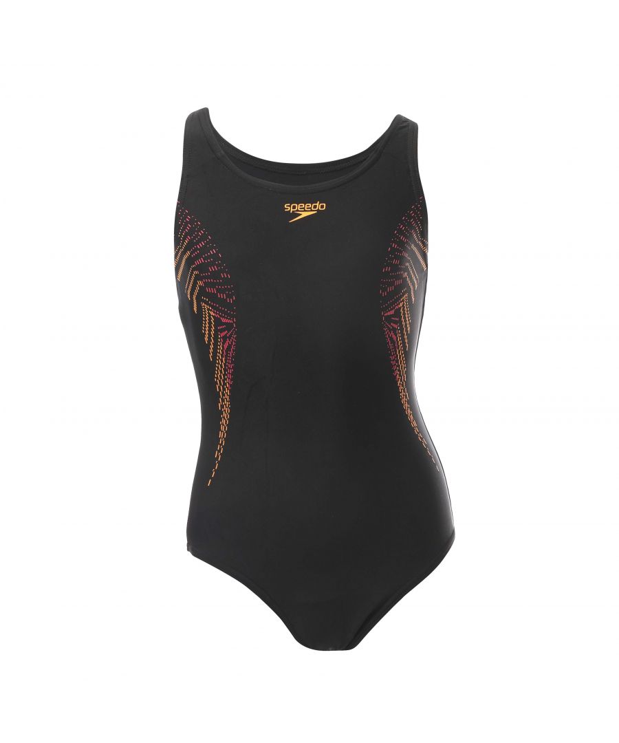 Girls Speedo Palcement Muscleback Swimsuit in black.- Muscleback.- Higher chlorine resistance than standard swimwear fabrics - fits like new for longer with CREORA® HighClo.- Shape Retention - fabric stretches so you can enjoy your swim without feeling restricted.- Side print detail.- Body: 80% Nylon  20% Elastane. Lining: 100% Polyester.- Ref: 808324H222Please note that returns will only be accepted if the hygiene label is still attached to the product.