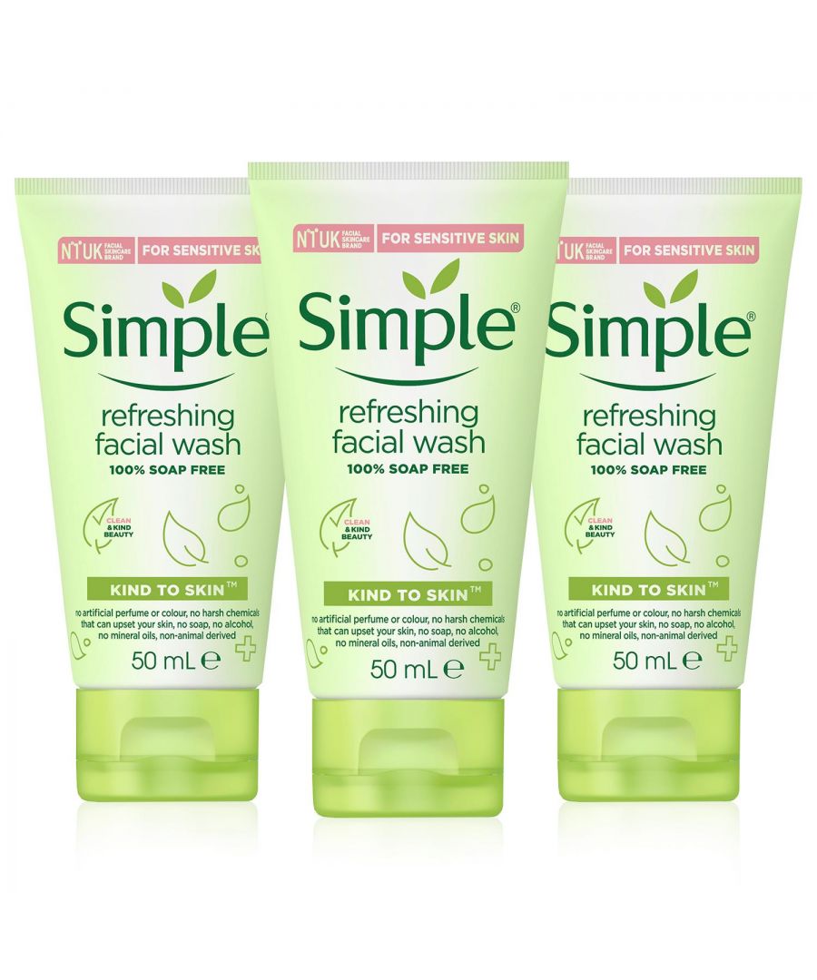 Simple Kind to Skin Refreshing Facial Wash Gel is ideal to use each morning to gently cleanse and refresh your skin for the day ahead, or in the evening to help wash away the day's dirt and impurities. The special blend of ingredients, including Pro-Vitamin B5, helps to soften and gently cleanse the skin.\nThe Refreshing Facial Wash Gel is both effective and convenient to use; just place a small amount of the product onto your hands and work into a lather, then massage onto wet skin before rinsing with clean water. \nSimple Refreshing Facial Wash contains no colour or dye, no soap and no artificial perfume. Dermatologically tested and approved. Ophthalmologist tested. Hypoallergenic, non-comedogenic.\nThis 100% soap-free face wash removes dirt, oil and impurities, leaving skin feeling clean and revived. Perfect for even the most sensitive skin.\n \nKey Features: \nSimple Kind To Skin Refreshing Face Wash thoroughly cleanses and keeps your skin revived.\nThis face cleanser washes away dirt, oil and impurities without leaving skin feeling dry.\nSimple Face Wash contains no artificial perfume or colour and no harsh chemicals that can upset your skin.\nThe simple face wash is made with the perfect blend of gentle cleansers, multi-vitamins and skin-loving ingredients\n\nHow To Use :\nStep 1: Wet your face with warm water.\nStep 2: Squeeze a small amount into your hands and work into a lather.\nStep 3: Massage gently in a circular motion onto wet skin.\nStep 4: Rinse with warm water and pat dry. Avoid delicate eye areas.\n\nIngredients: Aqua, Cocamidopropyl Betaine, Propylene Glycol, Hydroxypropyl Methylcellulose, Panthenol, Disodium EDTA, Hydroxypropyl Cyclodextrin, Iodopropynyl Butylcarbamate, Pantolactone, Phenoxyethanol, Sodium Benzoate, Sodium Chloride, Sodium Hydroxide, Tocopheryl Acetate.\n\nWarnings: For external usage only. Avoid getting into your eyes. As we are always looking to improve our products, our formulations change from time to time, so please always check the product packaging before use.