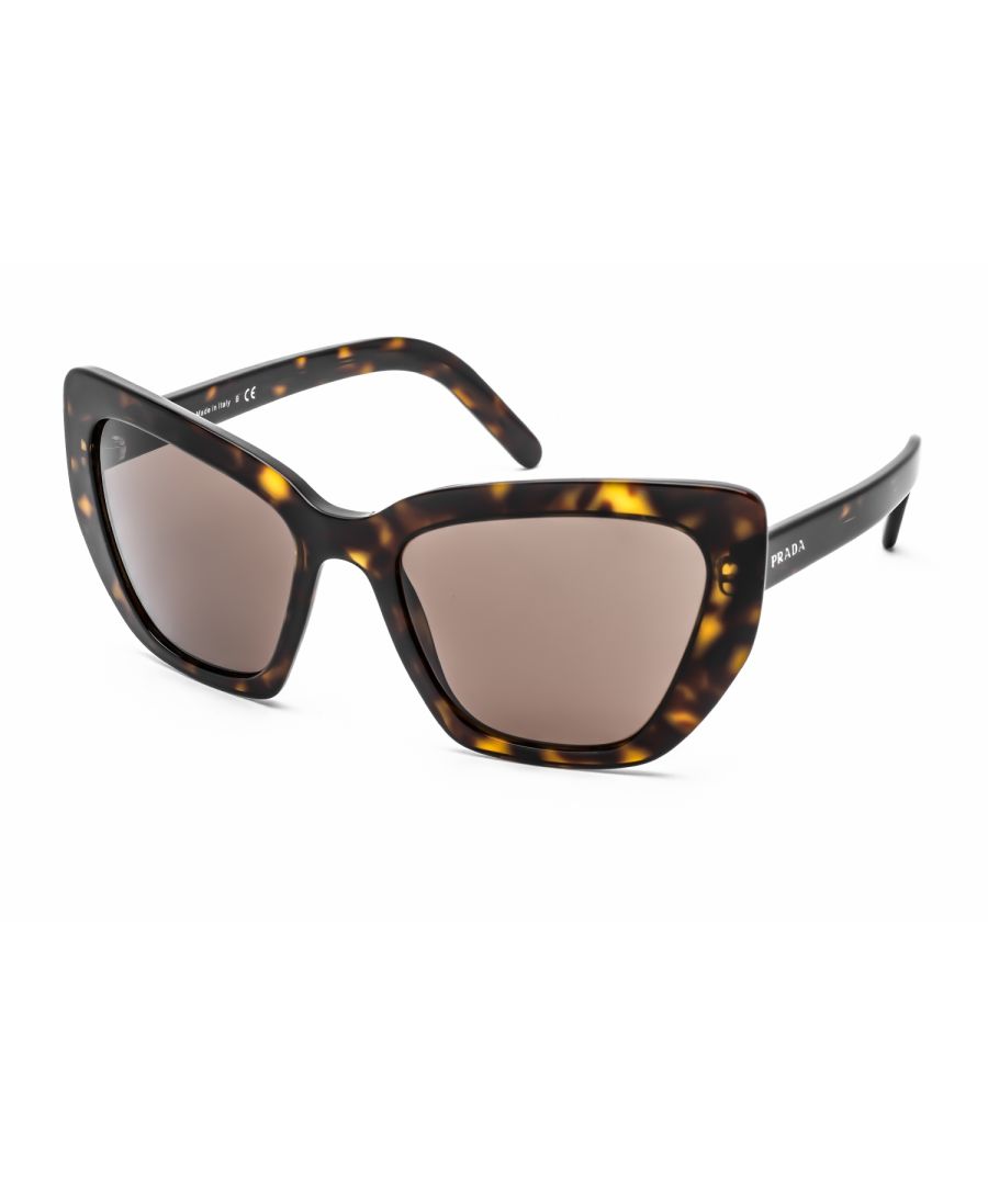 Prada Sunglasses PR08VS 2AU8C1 Havana Brown are a squared cat-eye shape for women. Irregular lenses are playful and contemporary, creating a striking look for a wearer that wants to stand out from the crowd. Smooth temples showcase the Prada text logo to authenticate and provide instant brand recognition.