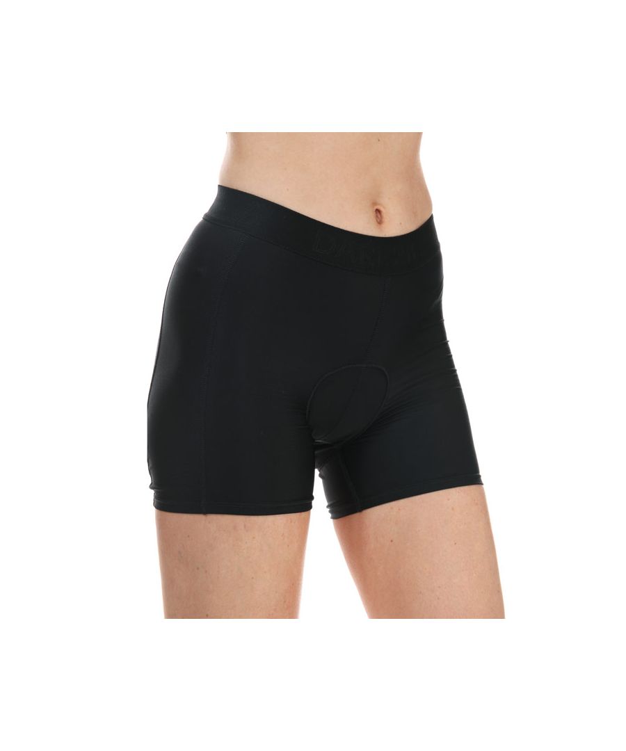 Womens Dare 2b Recurrent Cycling Under Shorts in black.- Branded jaquard elasticated waistband.- Coolmax moisture control and anti-bacterial treatment to insert.- Good wicking performance.- Flat locked seams for comfort.- 2D moulded stretch multi density foam insert.- Q-Wic lightweight polyester- elastane fabric.- Quick drying.- Delivered individually boxed.- 91% Polyester  9% Elastane. Machine washable.- Ref: DWU355800