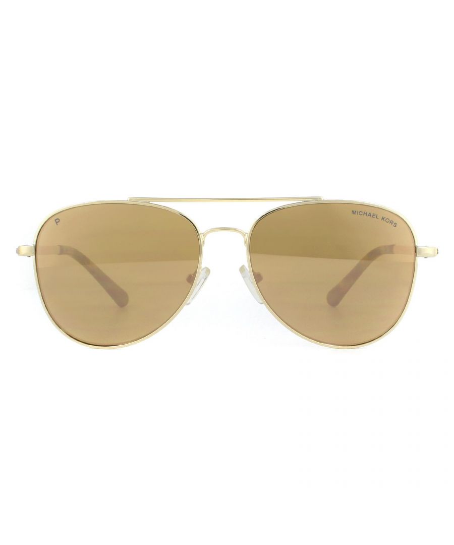 Michael Kors Sunglasses MK1045 10142O Gold Brown Mirror Polarized are an update to the best selling aviator shape with a flat lens design. Adjustable nose guarantee a comfortable and custom fit and the multi screw temples feature the engraved Michael Kors signature logo.