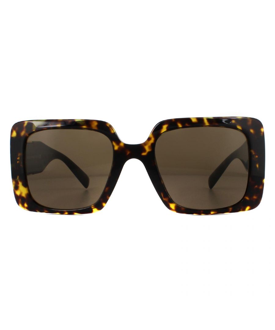 Versace Sunglasses VE4405 108/73 Havana Dark Brown are an oversized acetate design with bevel angled profiles and wide temples embellished with the new cut out metal plaque with 3D Medusa at the centre.