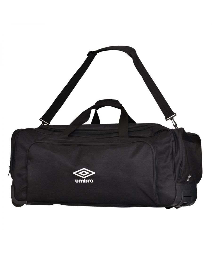 Fabric: Polyester. Denier: 600D. 2 Wheels, Adjustable Shoulder Strap, Carry Handles, Detachable Strap, Pull Handle. Fastening: Two Way Zip. Design: Logo. Compartments: 1 Main Compartment. Pockets: 1 Front Pocket, 2 Side Pockets.