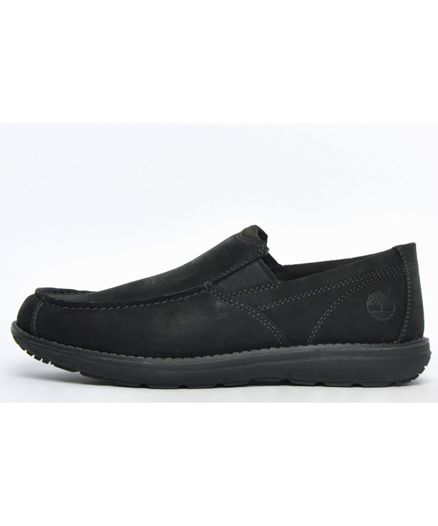 These Edgemont slip on shoes from Timberland are crafted in a full nubuck leather upper in a classic black colourway, an easy style choice for the modern man.\n Made to the highest standard, the double stitch detailing leads to the round moc toe for a strong look and a traditional twist, a unique yet subtle design which will set a professional man apart.\n Featuring an antibacterial ortholite insole for fatigue free wear and a unique lugged outsole, these leather shoes will offer you all day comfort and wearability.\n - Slip on design.\n - Nubuck leather upper\n - Elasticated side gussets \n - Cushioned ortholite footbed\n - Unique L 7 Lug outsole for superior traction\n - Timberland branding throughout.
