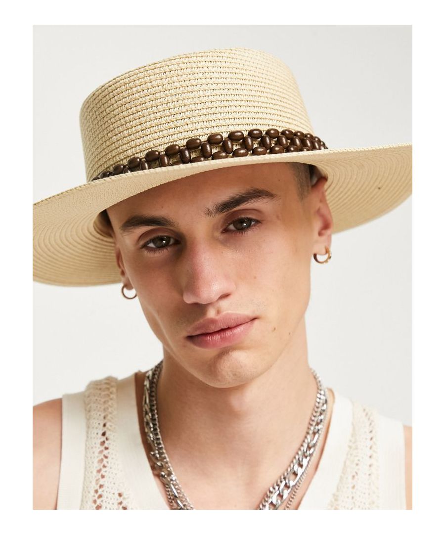 Hat by ASOS DESIGN Top things off Fedora style Pinched crown Wide brim Beaded trim  Sold By: Asos