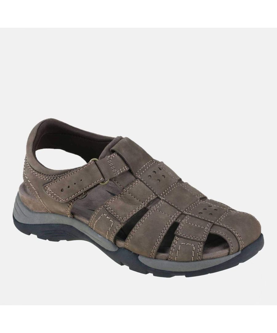 Earth Spirit Kodiak Stone Brown Mens sandal. Mens casual fisherman style summer sandal shoe in stone brown suede leather. With a soft-cushioned insock, lightweight and flexible and non-slip outsole. Velcro fastening.   Upper Material: Suede Leather/Textile Lining Material: Textile Outsole Material: Thermoplastic Rubber\nFastening type: Velcro Style Code: 30635 Width Fitting: Standard