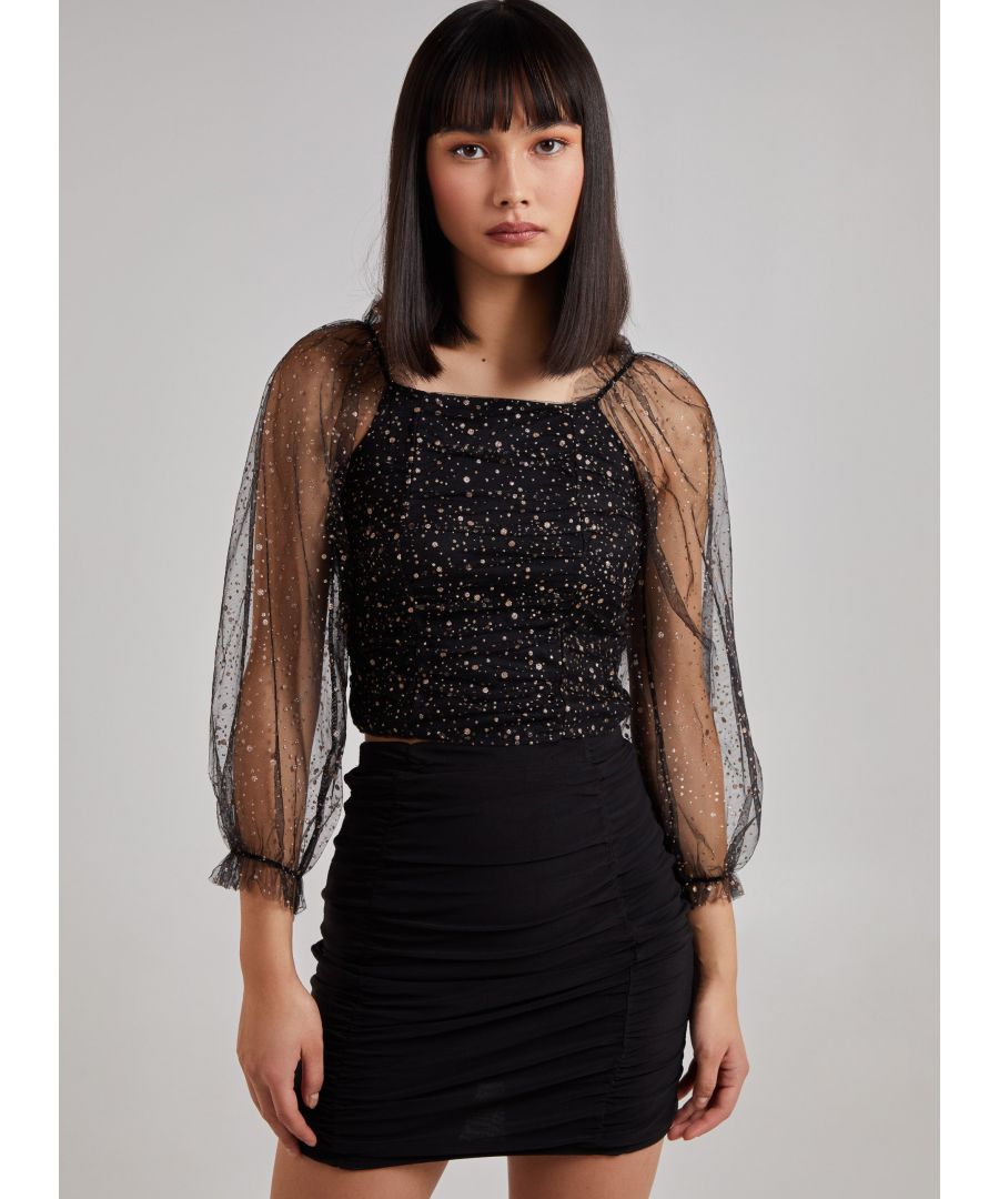 Image for GLITZY - Glitter Ruched Top With Sheer Balloon Sleeve