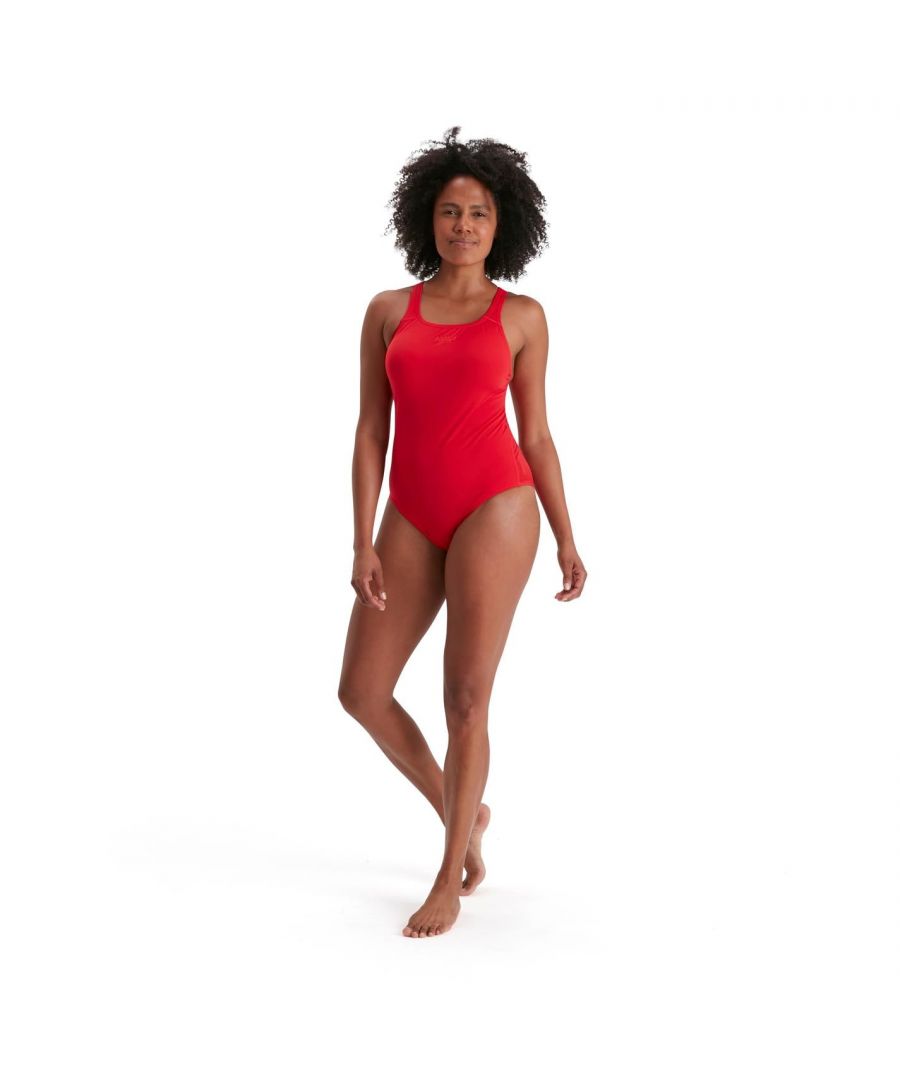 Womens Speedo Eco Endurance Medalist Swimsuit in red.- Medalist design.- 100% Chlorine resistance.- Quick Dry.- One of the yarns in the ECO Endurance + fabric is made from 100% post-consumer waste  such as recycled plastic bottles.- Body: 53% Polyester  47% PBT Polyester. Lining: 100% Polyester.- 8134716446Please note that returns will only be accepted if the hygiene label is still attached to the product.