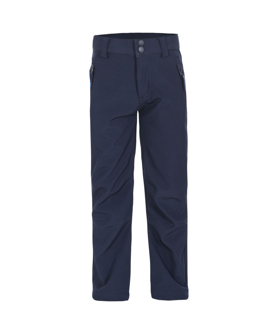 Softshell trousers. Front fly opening. Belt loops. 2 zip pockets. Windproof. Lightweight. 95% Polyester/5% Elastane. Trespass Childrens Waist Sizing (approx): 2/3 Years - 20in/50.5cm, 3/4 Years - 21in/53cm, 5/6 Years - 22in/56cm, 7/8 Years - 23in/58.5cm, 9/10 Years - 24in/61cm, 11/12 Years - 26in/66cm.