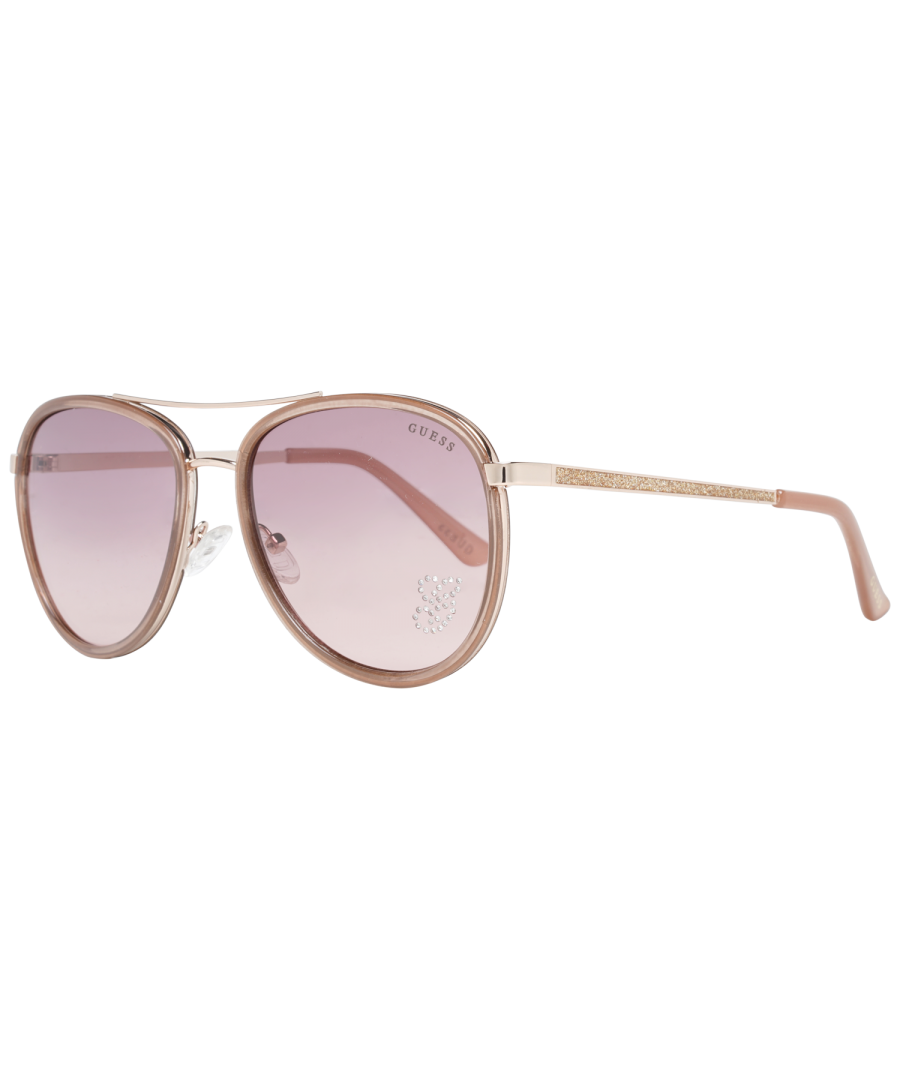 Guess Sunglasses GF6052 28U 57 Women\nFrame color: Rose Gold\nLenses color: Brown\nLenses material: Plastic\nFilter category: 2\nStyle: Aviator\nProtection: 100% UVA & UVB\nSize: 57-17-140\nLenses width: 57\nLenses height: 48\nBridge width: 17\nFrame width: 142\nTemples length: 140\nShipment includes: Case\nSpring hinge: No\nExtra: No extra