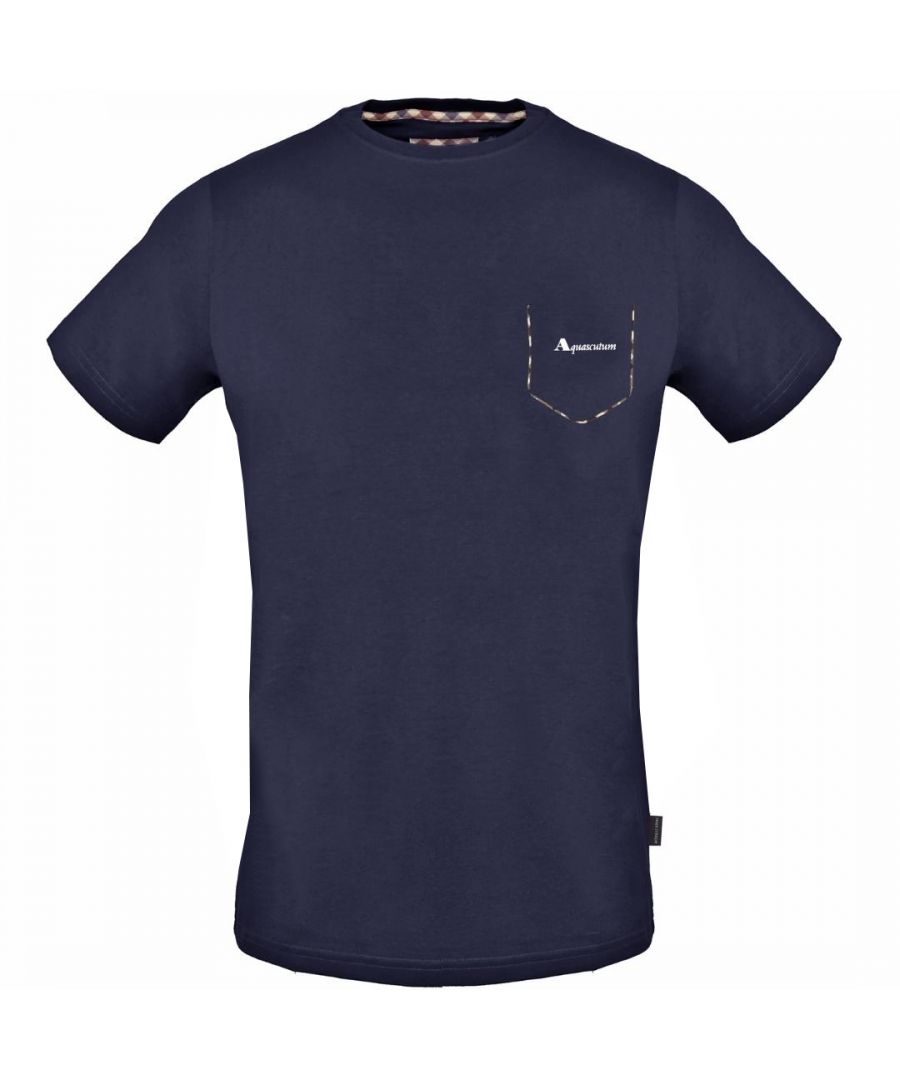 Mens Aquascutum T- Shirt in navy.- Crew neck.- Short sleeves.- Aquascutum check pocket.- Stretch fit.- Regular fit.- 95% Cotton  5% Elastane. Machine washable.- Ref: TSIA0785