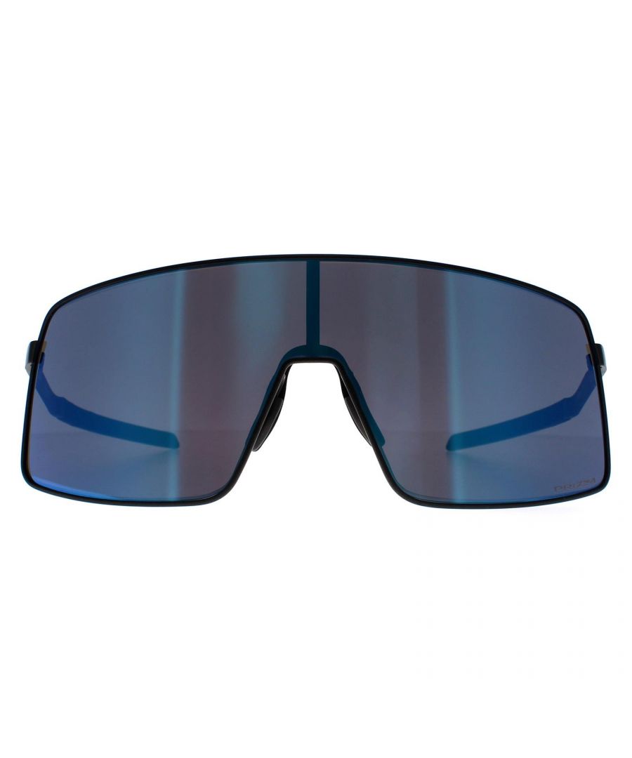 Oakley Shield Mens Satin Lead Prizm Sapphire Sutro TI  Sunglasses are a stylish and functional accessory that will keep you looking and feeling great all day long. With a bold and modern design, these sunglasses are sure to turn heads wherever you go. The frames are made from lightweight and durable O-Matter material, which provides a comfortable and secure fit for extended wear.  These sunglasses also feature Oakley's patented Three-Point Fit, which ensures that the frames only touch your head at the bridge of your nose and behind your ears. This reduces pressure points and ensures a comfortable fit for all-day wear. Unobtainium earsocks and nosepads ensure a secure and comfortable fit even during sweaty activities.