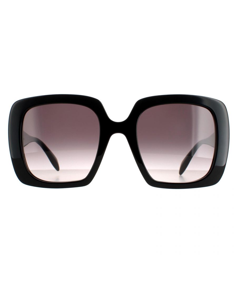 Alexander McQueen Square Womens Black Grey Gradient AM0378S  Sunglasses are a classy square style crafted from lightweight acetate. The Alexander McQueen logo is embedded on the slim temples for brand authenticity.