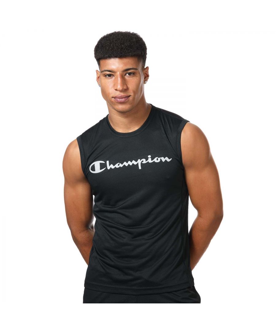 Mens Champion Pf Mesh Vest in black.- Round neck.- Sleeveless.- Antimicrobe and odour control technology.- Reflective big script logo on chest.- Reflective C logo on reverse.- Tonal back neck tape.- Athletic fit.- 100% Polyester.  Machine washable.- Ref: 217091 KK001