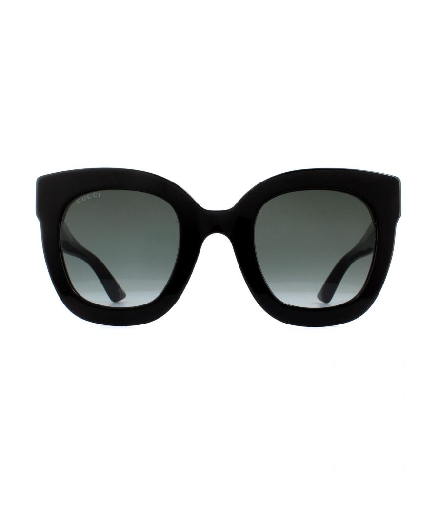 Gucci Sunglasses GG0208S 001 Black Grey Gradient are an ultra feminine oversized square style made from lightweight acetate. The thick temples feature the interlocking Gucci GG logo, surrounded by stars and the bumblebee motif at the temple tips.
