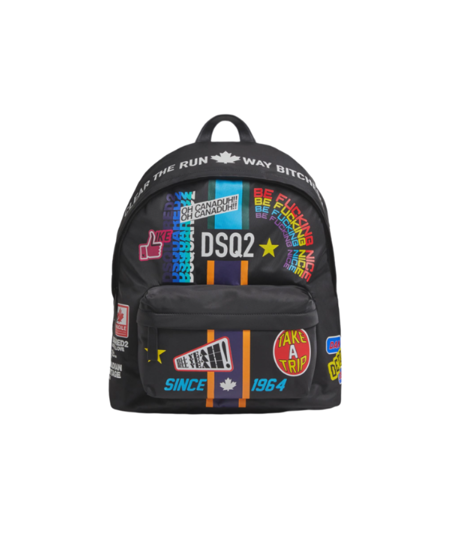 Show your brand loyalty. This backpack from DSquared2 is finished with all-over logo patches for an added charm. The perfect way to top off your outfit. \n\n\n\nlarge\ntechno fabric\nfully lined\nzipper closure\nexternal pocket with zip\ninternal zip pocket\nbag handle