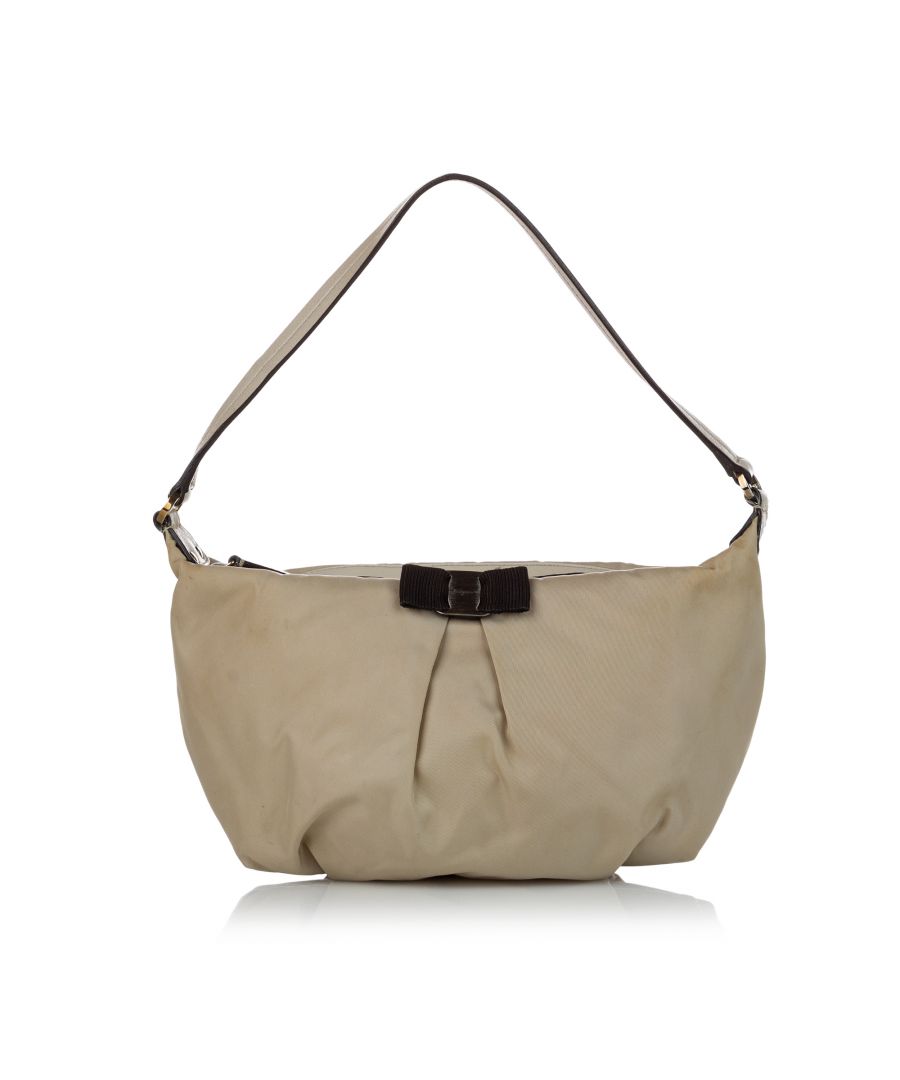 VINTAGE. RRP AS NEW. This shoulder bag features a nylon body with bow detail, a flat strap, a top zip closure, and an interior zip pocket.\n\nDimensions:\nLength 16cm\nWidth 23cm\nDepth 6cm\nHand Drop 16cm\nShoulder Drop 16cm\n\nOriginal Accessories: Authenticity Card\n\nColor: Brown x Beige\nMaterial: Fabric x Nylon\nCountry of Origin: Italy\nBoutique Reference: SSU142366K1342\n\n\nProduct Rating: GoodCondition\n\nCertificate of Authenticity is available upon request with no extra fee required. Please contact our customer service team.