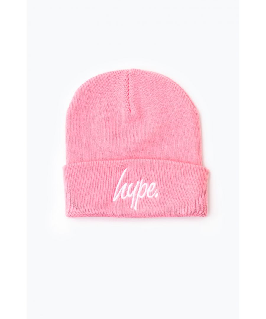 Stay cosy in the HYPE. Pink Script Beanie. Designed in an all-over pink colour palette. With a soft-touch woven acrylic fabric for supreme comfort. In our classic adult's beanie shape with a turned-up cuff design, finished with the iconic HYPE. script logo embroidered on the front in a contrasting white. Machine washable.