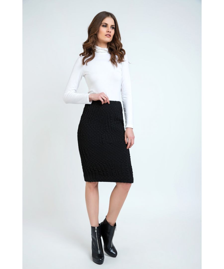 Black Fitted Pencil Skirt by Conquista Fashion.  Skirt made in knit jacquard fabric. Made in Greece